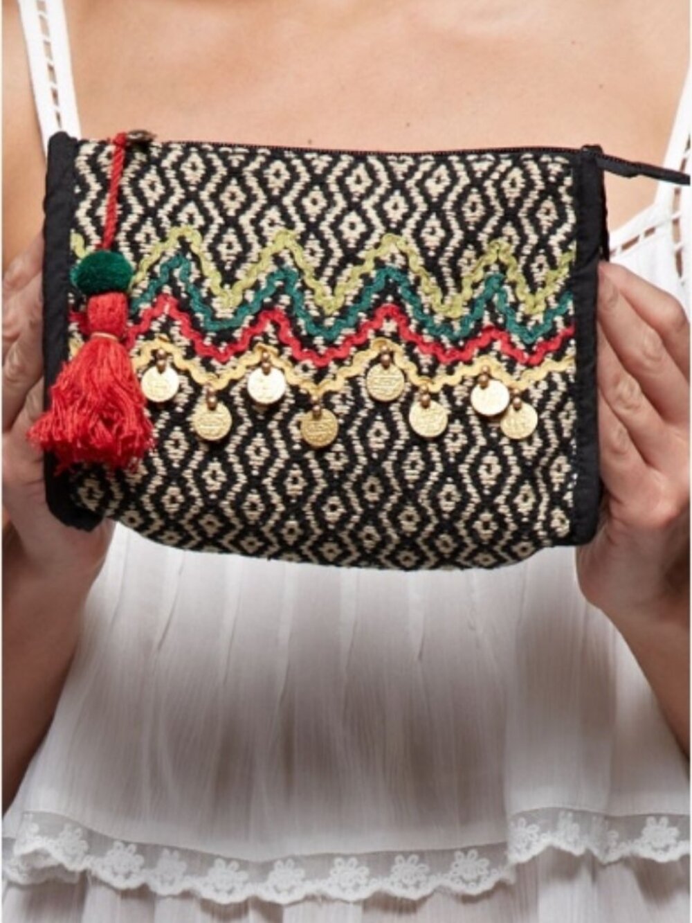 105 Beaded and textured makeup bag with contrast trim and tassel detail